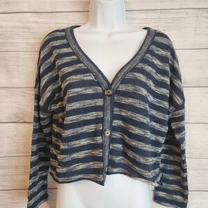 Simply Noelle Medium Blue Stripe Cropped Cardigan Cozy Casual